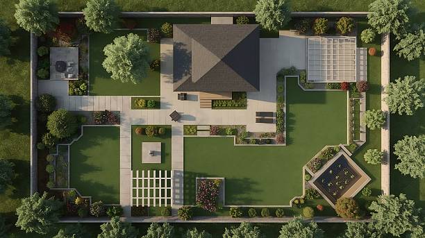 istock Masterplan of a private landscape design, top-down view. 2223805178