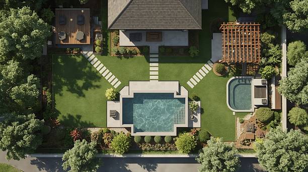 istock Masterplan of a private landscape design, top-down view. 2223805183