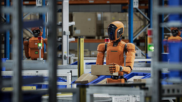 istock 3D Render: Autonomous AI-Enabled Humanoid Robot Works at Warehouse. He is Moving Boxes and Sorting Packages. Automated Fulfillment Center or Logistics Center with General Purpose Orange Robots 2223812888