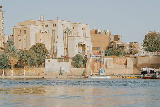 Felucca sailing on nile river with luxor temple and other buildings in background, luxor, egypt