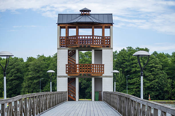 Front view of a modern observation tower with a wooden balcony and concrete base, connected by a pedestrian bridge, surrounded by green trees and lamp posts.