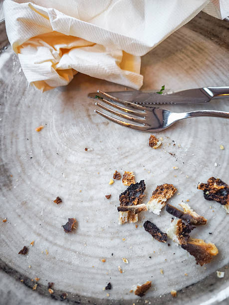 istock Rustic tabletop scene showing empty ceramic plate, scattered crumbs, used napkin, silverware after dining in valle d'aosta restaurant 2223819379