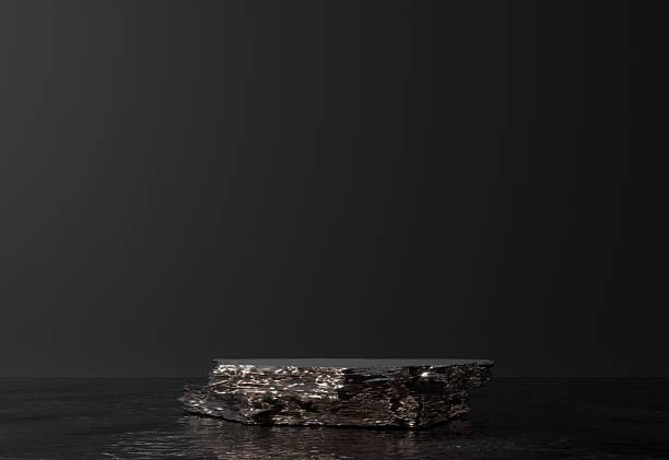 istock Round rough stone pedestal, black cylinder in dark water. 3d render illustration. 2223824377