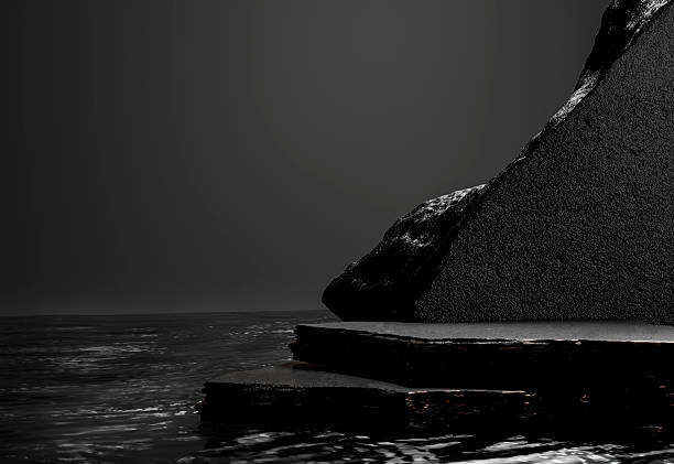istock Round rough stone pedestal, black cylinder in dark water. 3d render illustration. 2223824403