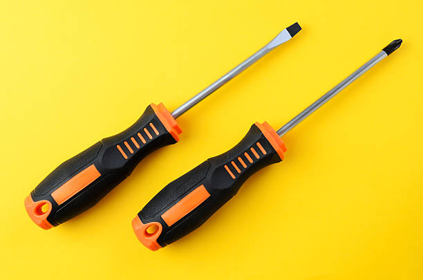 istock Flat and Phillips screwdrivers on yellow background, minimal layout with repair tools 2223825988