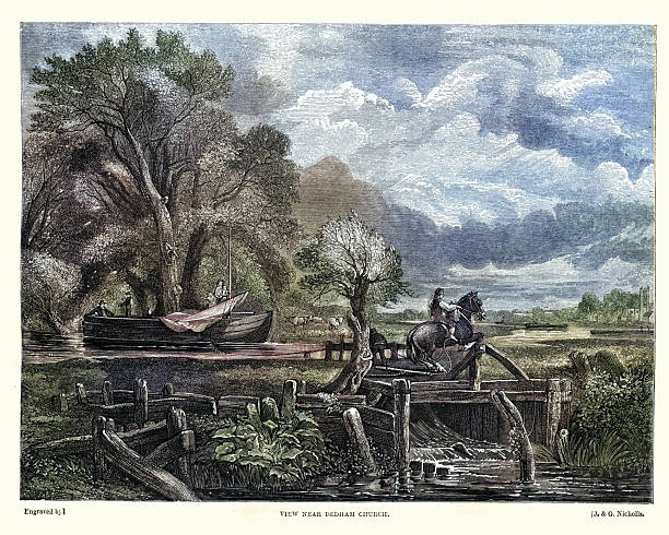 ilustrații de stoc cu barjă, călăreț pe cal, canal și ecluză lângă dedham, colchester, victorian, secolul al 19-lea - essex
