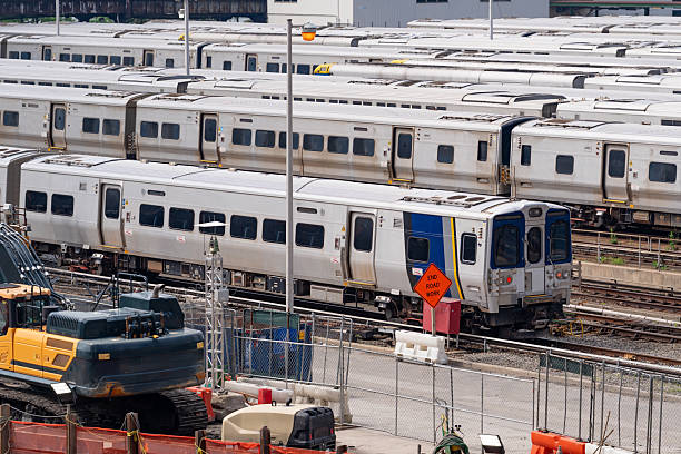 Train station terminal with many parked trains for maintenance in NYC