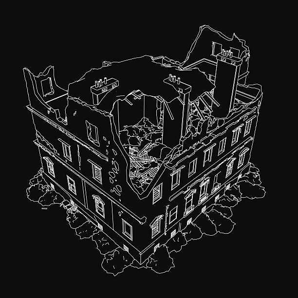 A destroyed building in black and white, with broken windows and scattered debris, stands in disrepair against a dark background. The crumbling structure evokes a sense of abandonment and decay.