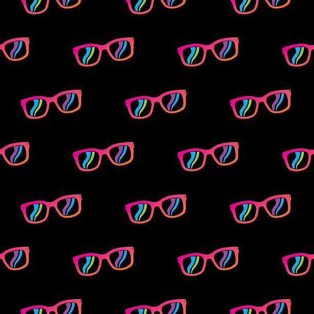 Vector seamless pattern of psychedelic sunglasses on a black background.