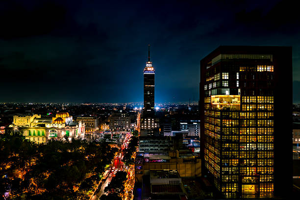 Mexico City skyline at night during Independence Day celebration on September 15 with Torre Latinoamericana and lit-up downtown