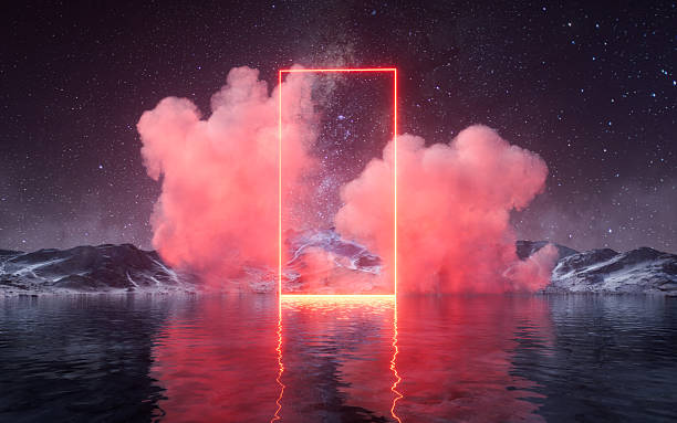 istock Glowing neon lines and smoke over the lake, 3d rendering. 2223857862