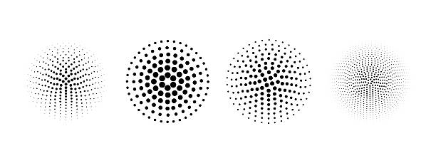 Set of dotted circles with halftone effect. Collection of round shapes with polka dot print isolated on white background. Simple circular design elements. Vector graphic illustration.