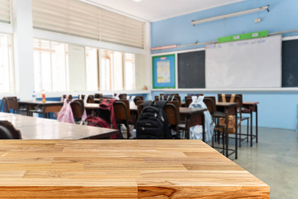 istock Wooden table with blurred classroom background desks chairs and student backpacks education learning concept 2223865510