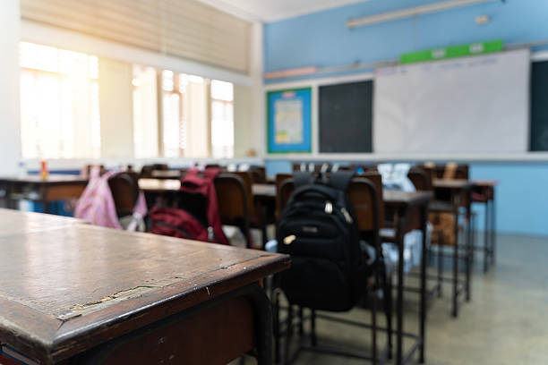istock Vintage wooden desks and student backpacks in empty classroom with sunlight through windows education concept 2223865511
