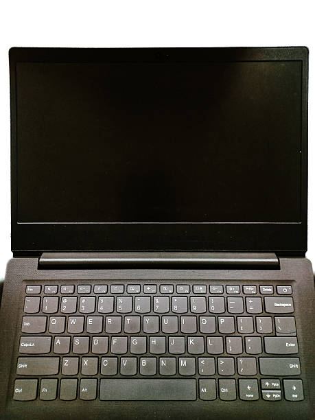 Laptop isolated on a white background with a blank black screen.