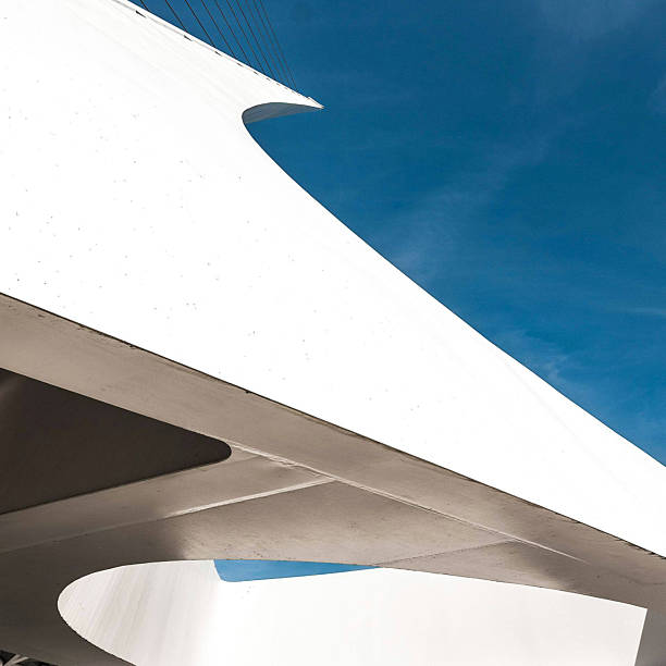Redding, California, United States  June 6 2025: Clean lines and white architecture define this abstract upward view of the Sundial Bridge. Editorial use only.