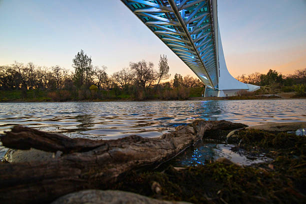 Redding, California, United States  April 8 2025: Sundial Bridge glows blue during Child Abuse Prevention Awareness Month. Editorial use only.