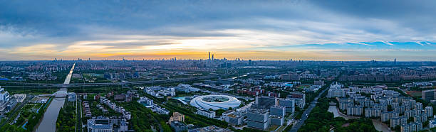 istock Panoramic aerial view of Shanghai Zhangjiang Hi Tech Development Zone at sunset, with beautiful flame clouds. 2223876572