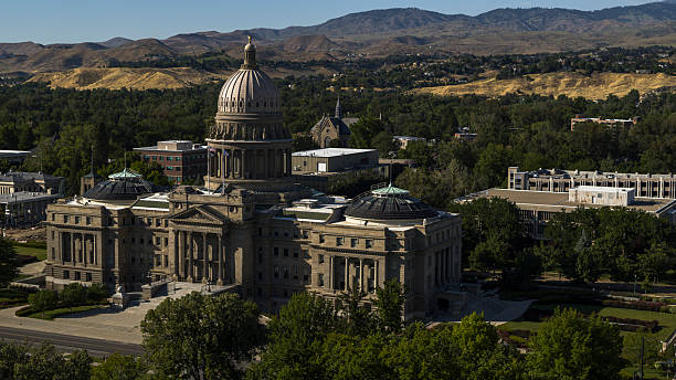 istock State Capitol Building in neo classical style in Boise, Idaho. Mountain backdrop frames historic architecture. 2223877193