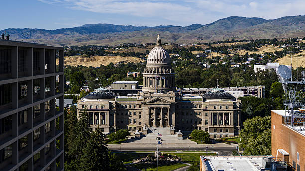 istock Elevated view of State Capitol building. Classical architecture with dome surrounded by foothills in Boise, Idaho. 2223877229