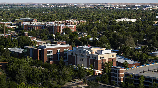 istock Educational complex surrounded by trees. Aerial view of Boise State University campus in Idaho. 2223877370
