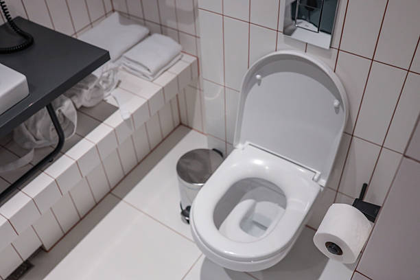 istock Clean modern hotel toilet with white ceramic bowl, open seat, wall-mounted paper roll and tiled background, conveying hygiene, comfort and minimalist bathroom design 2223880159