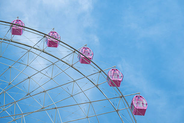 Close-up of Ferris wheel under blue sky
