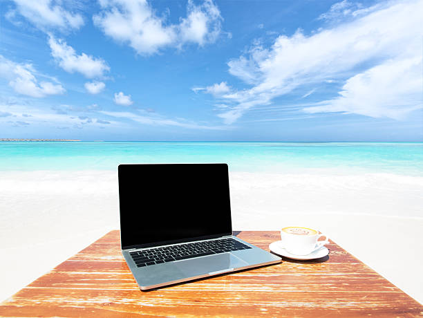 istock Mobile work office on the tropical beach with blank laptop screen 2223885515