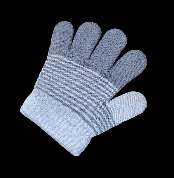 A pair of gloves with a blue and gray striped pattern. The gloves are knitted and have a fuzzy texture