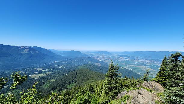 istock Vista view of mountain range, river valley, a lake under blue sky 2223888917