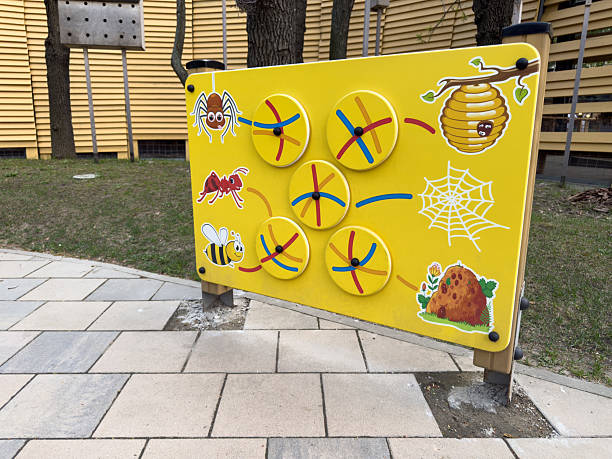Outdoor educational panel on playground with yellow insect themed activity board showing spider, ant, bee, hive, web, and ant hill, designed for children learning, fun, and motor skill development