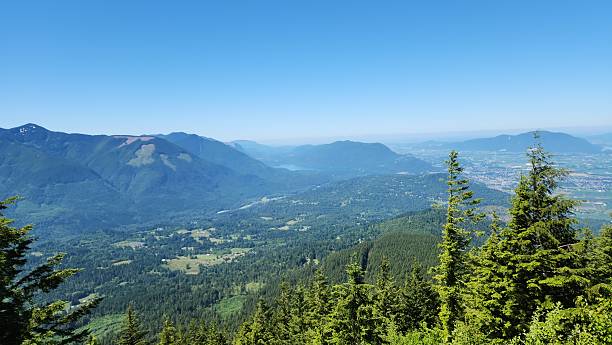 istock Vista view of mountain range, river valley, a lake under blue sky 2223889647