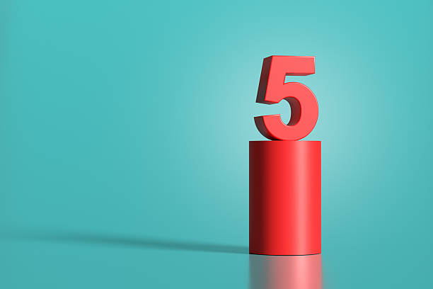 istock Red number five standing on red cylinder on turquoise background 2223893148