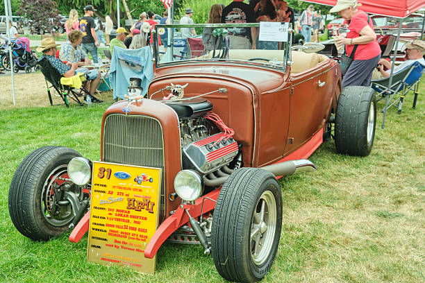 Auburn WA USA, July 4th, 2025 - For a classic Fourth of July tradition, vintage transportation enthusiasts can admire antique cars, Retro car show weekend in the park