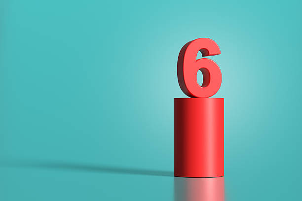 istock Red number six standing on red cylinder on turquoise background 2223893416