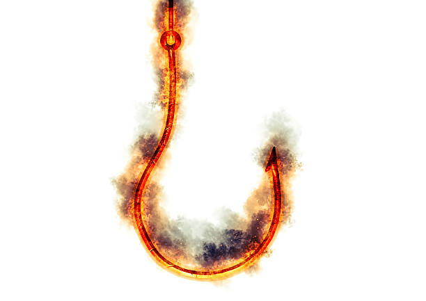 3D rendering of a fishing hook with fire and smoke on a white background with text space