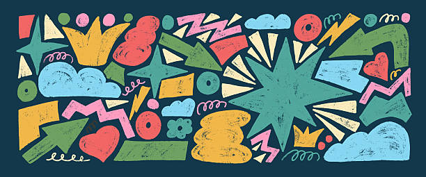 Playful geometric shapes crayon drawn set. Stars, crown, arrows and vector figures by pencil Organic colorful playful stickers doodle isolated on dark background. Graphic hand drawn funky elements.