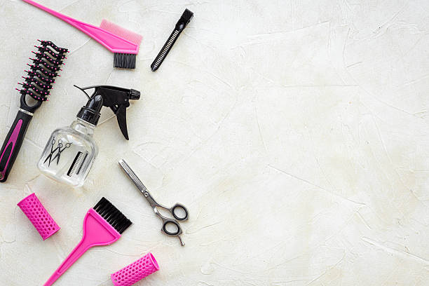 istock Layout of hairdresser tools set, top view. Combs and scissors on white background 2223899228