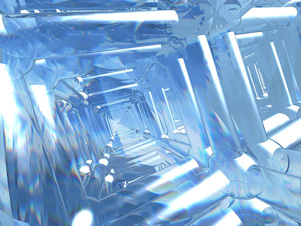 Abstract geometric composition of crystal cubes or blocks, round holographic sculpture of many glass clear square boxes, chromatic gradient texture with purple refraction light in prism, 3d render.