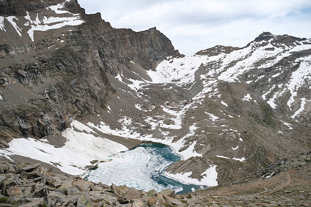 An alpine lake in the early summer, the ice is still present on the water