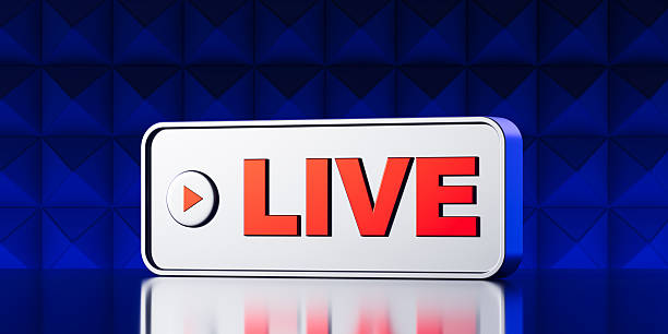 istock Live streaming button icon with play symbol in 3D style on modern blue geometric background representing broadcasting concept. 3D Rendering 2223908597