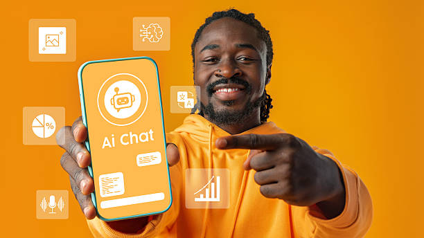 istock Smiling man showcasing an AI chat application on a smartphone against a vibrant orange background 2223909794