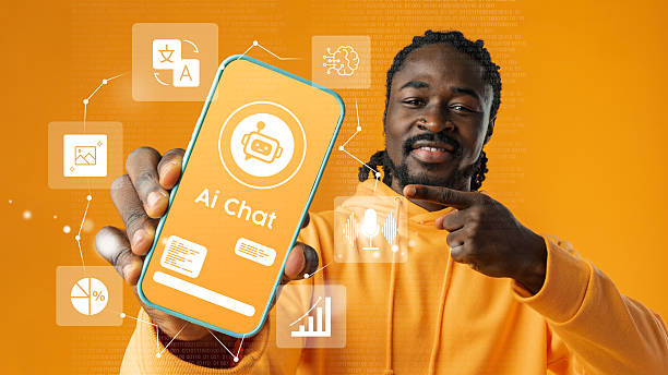 istock Young man showcases AI chat application on smartphone with vibrant orange background in modern digital environment 2223910763