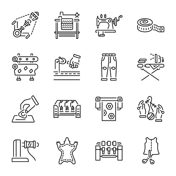 ilustrações de stock, clip art, desenhos animados e ícones de pack of manufacturing line style icons - tear
