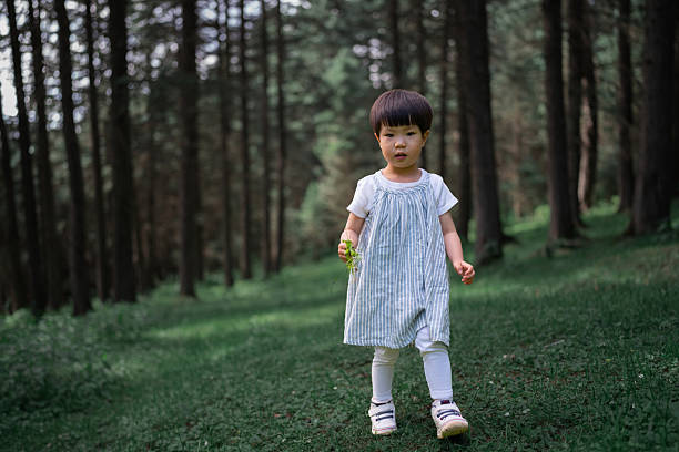 Cute little girl playing in the forest