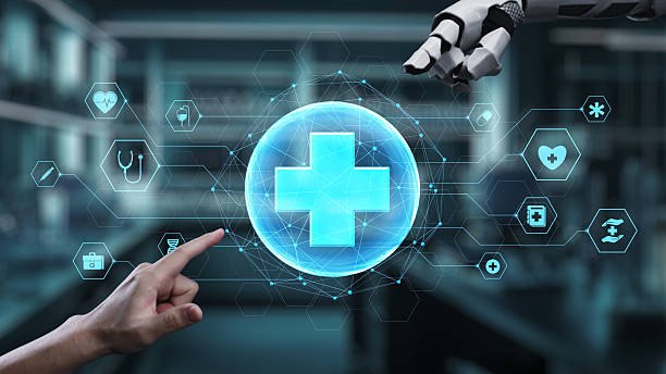 istock Robot and human reach hand and point finger with cross icon float. Salubrious. 2223913330