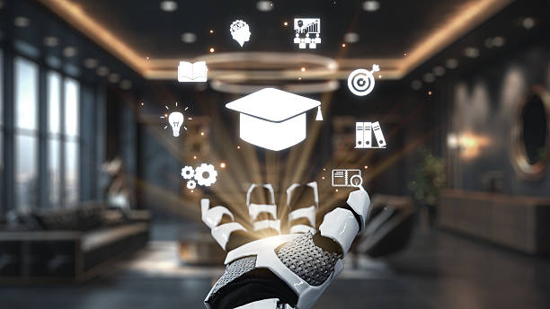 istock Futuristic Hand Holding Icons Representing Education, Technology, Innovation, and Learning in Modern Office Space Background. Auvana 2223913785