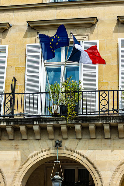 istock French flag and European flagg in Paris 2223920213