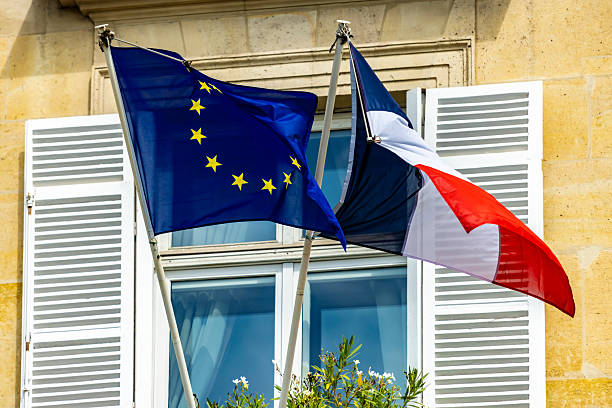 istock French flag and European flagg in Paris 2223920227