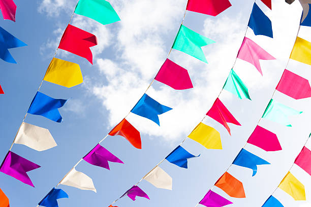 istock Colorful plastic pennants for decoration against a blue sky. 2223921672